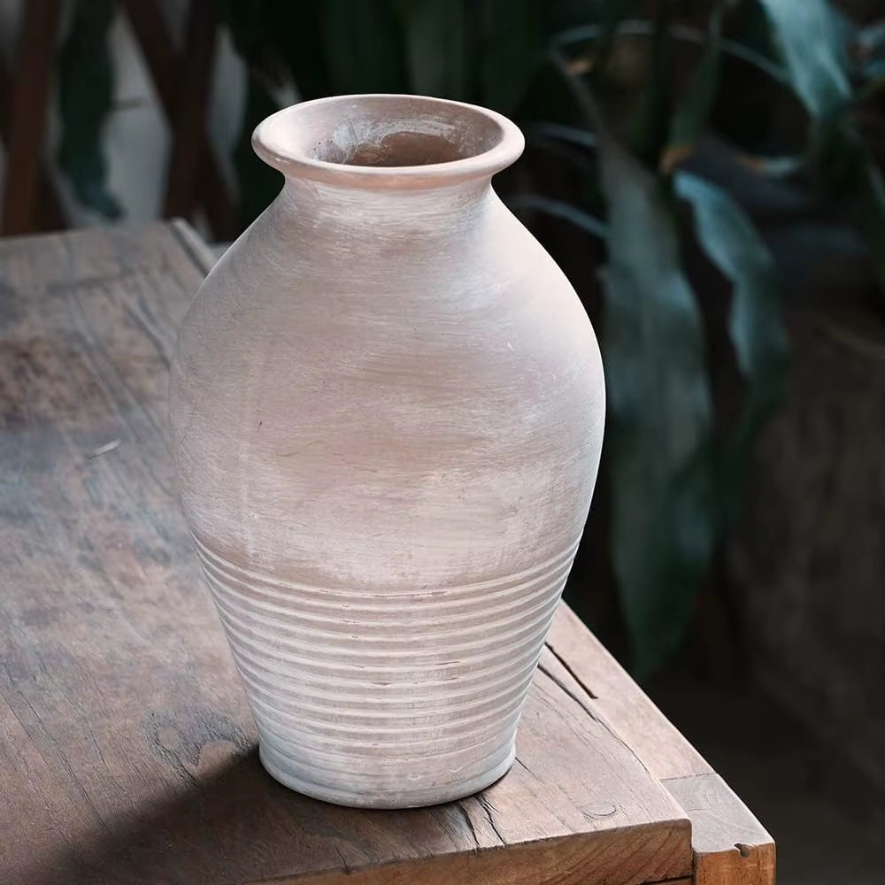 Ceramic Rustic Farmhouse Vase, 9.2 Inch Whitewashed Terracotta Vase, Pottery Decorative Flower Vases,Clay Decorative Vases For
