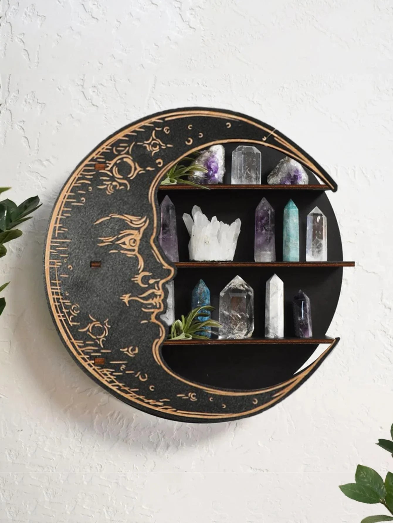 Wooden Shelf Moon Face Display Stand Floating Shelf Wall Decor Wall Shelf Boho Home Decoration Crystal Holder Wall Organizer