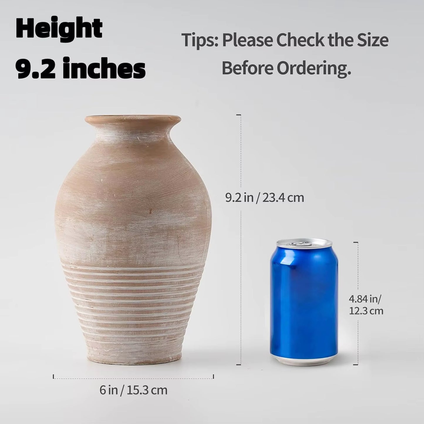 Ceramic Rustic Farmhouse Vase, 9.2 Inch Whitewashed Terracotta Vase, Pottery Decorative Flower Vases,Clay Decorative Vases For